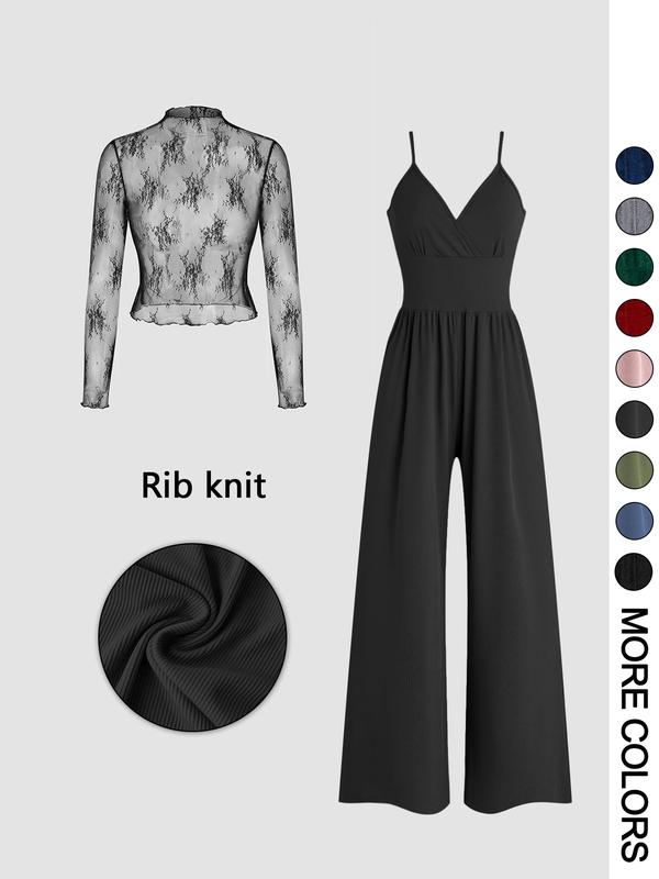 VICTORIA - Solid Color Lace Tee & Pocket Jumpsuit Set