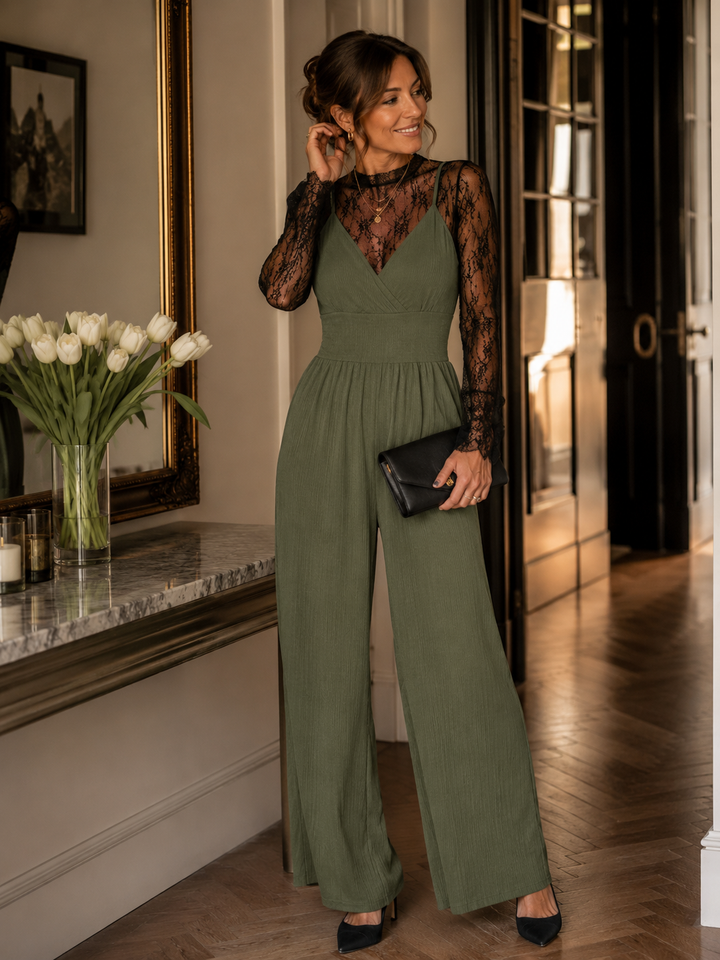 VICTORIA - Solid Color Lace Tee & Pocket Jumpsuit Set