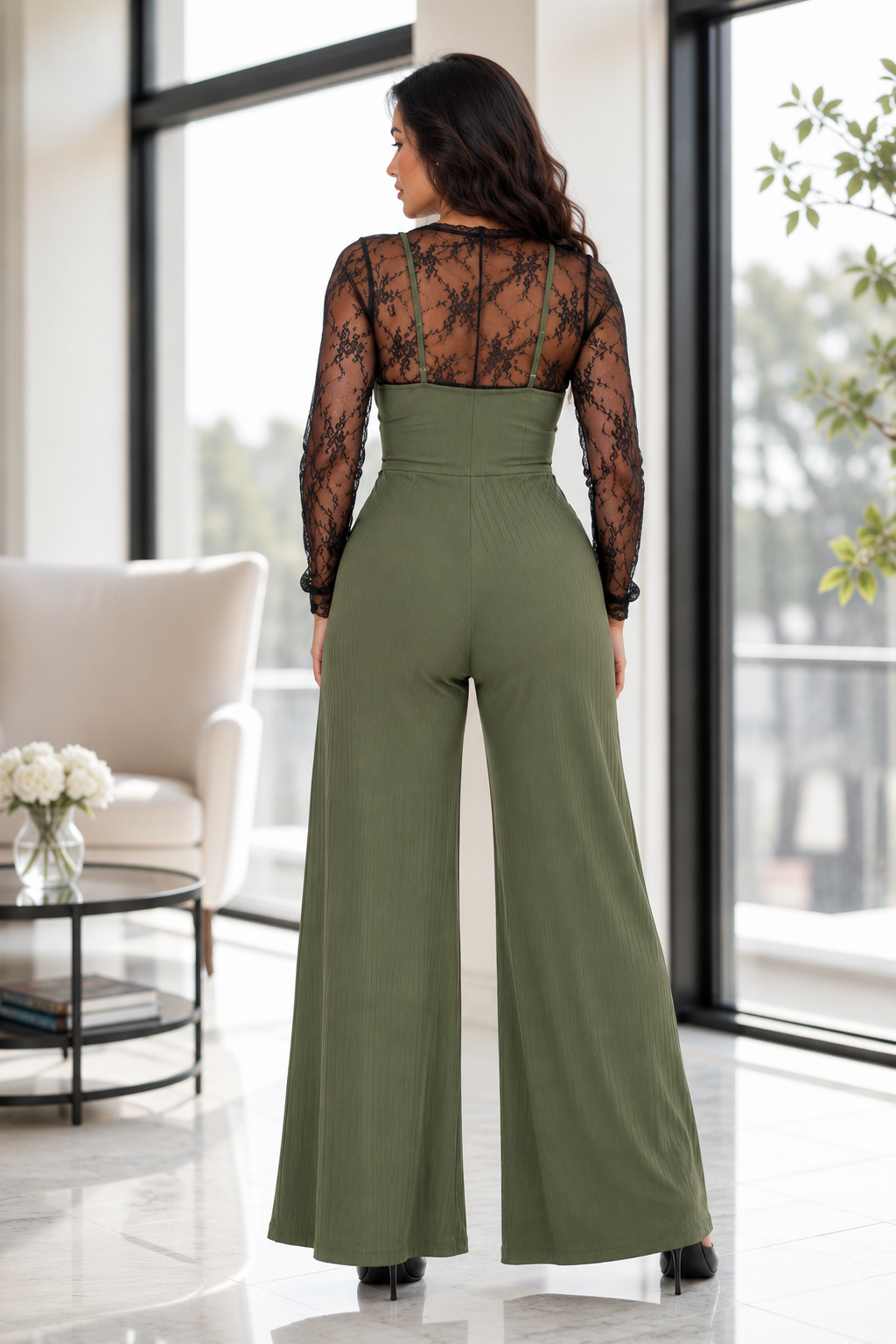 VICTORIA - Solid Color Lace Tee & Pocket Jumpsuit Set