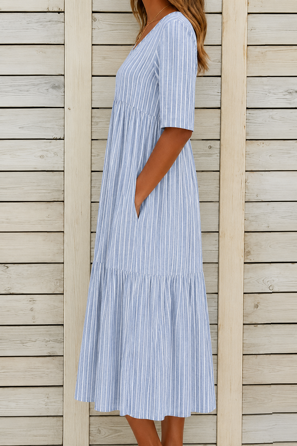 SIMONE | ELEGANT STRIPED TUMMY-COVERAGE MIDI DRESS