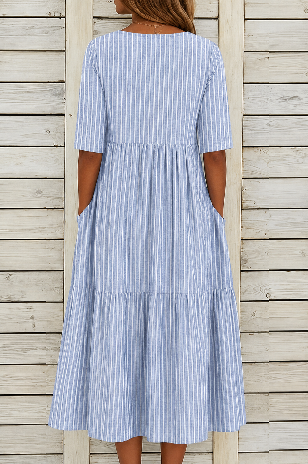 SIMONE | ELEGANT STRIPED TUMMY-COVERAGE MIDI DRESS