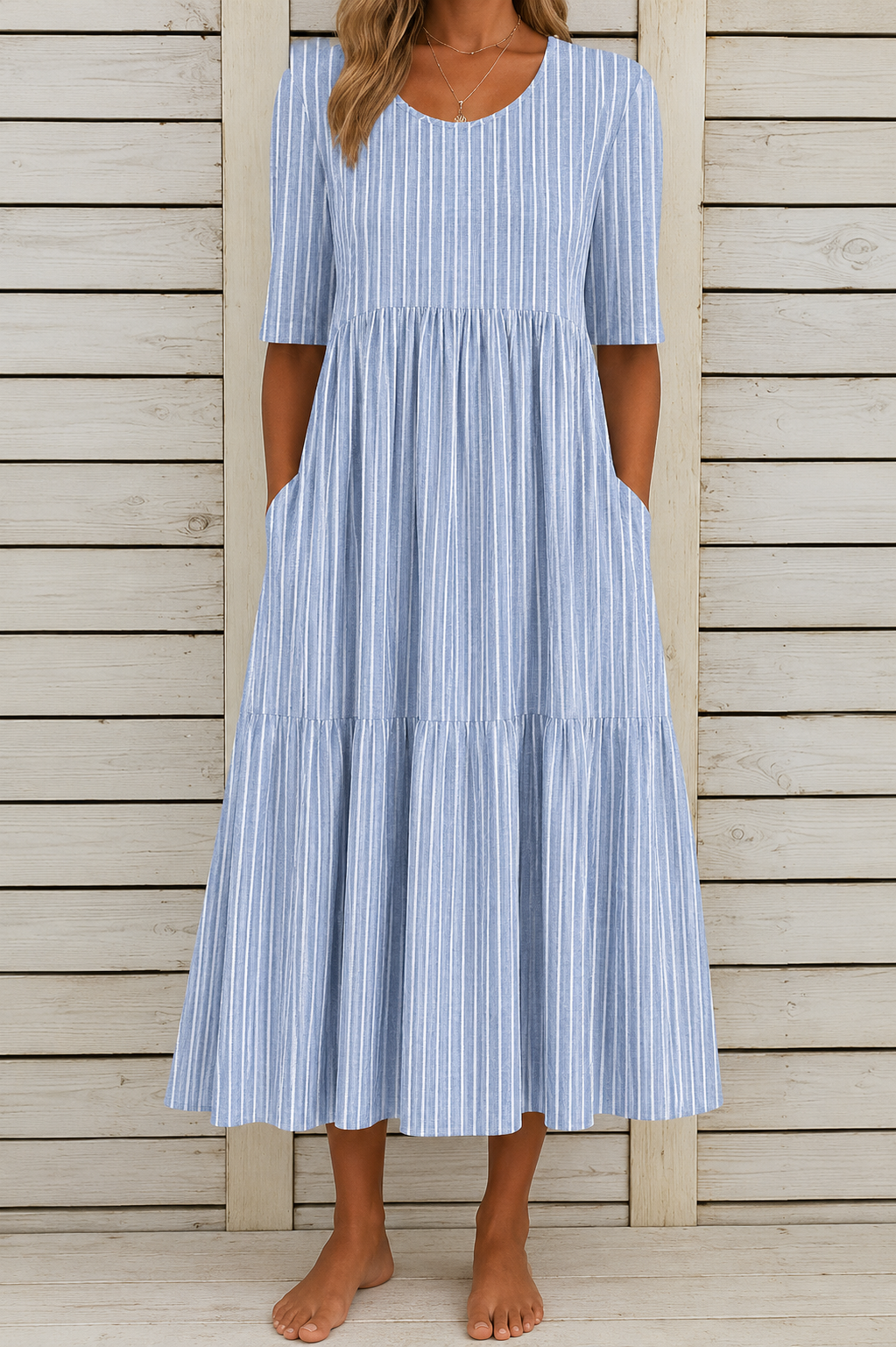SIMONE | ELEGANT STRIPED TUMMY-COVERAGE MIDI DRESS