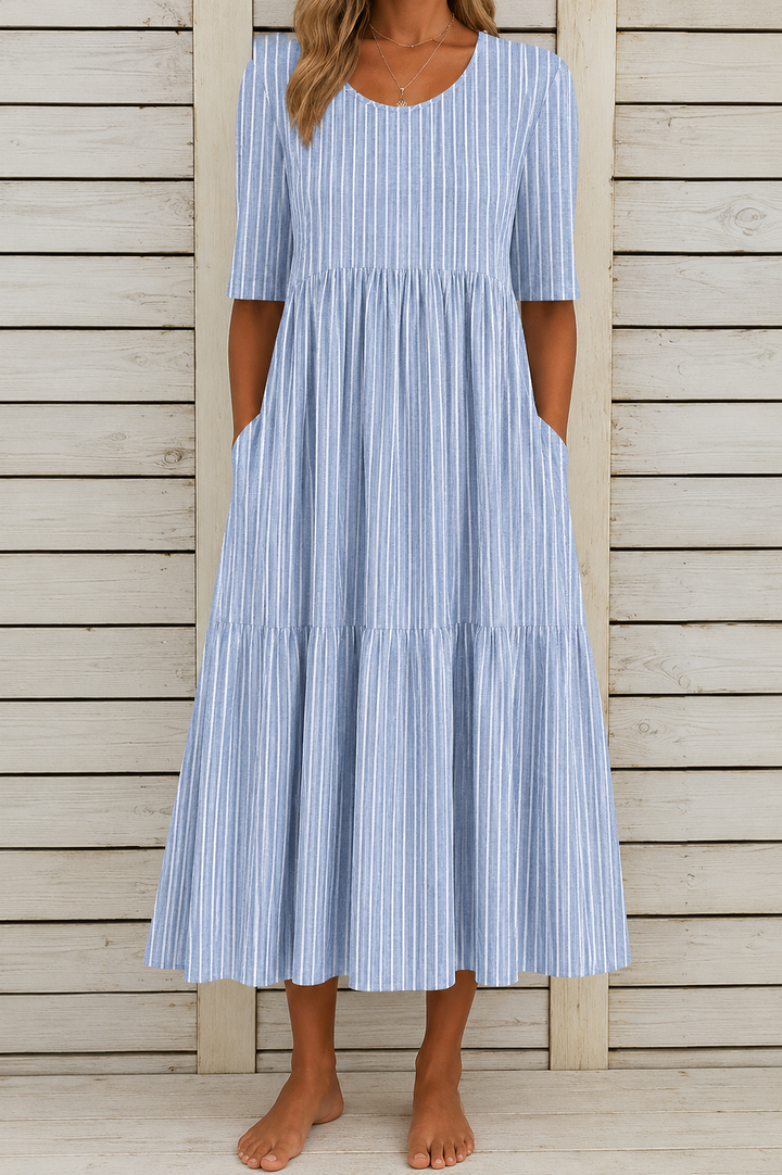 SIMONE | ELEGANT STRIPED TUMMY-COVERAGE MIDI DRESS
