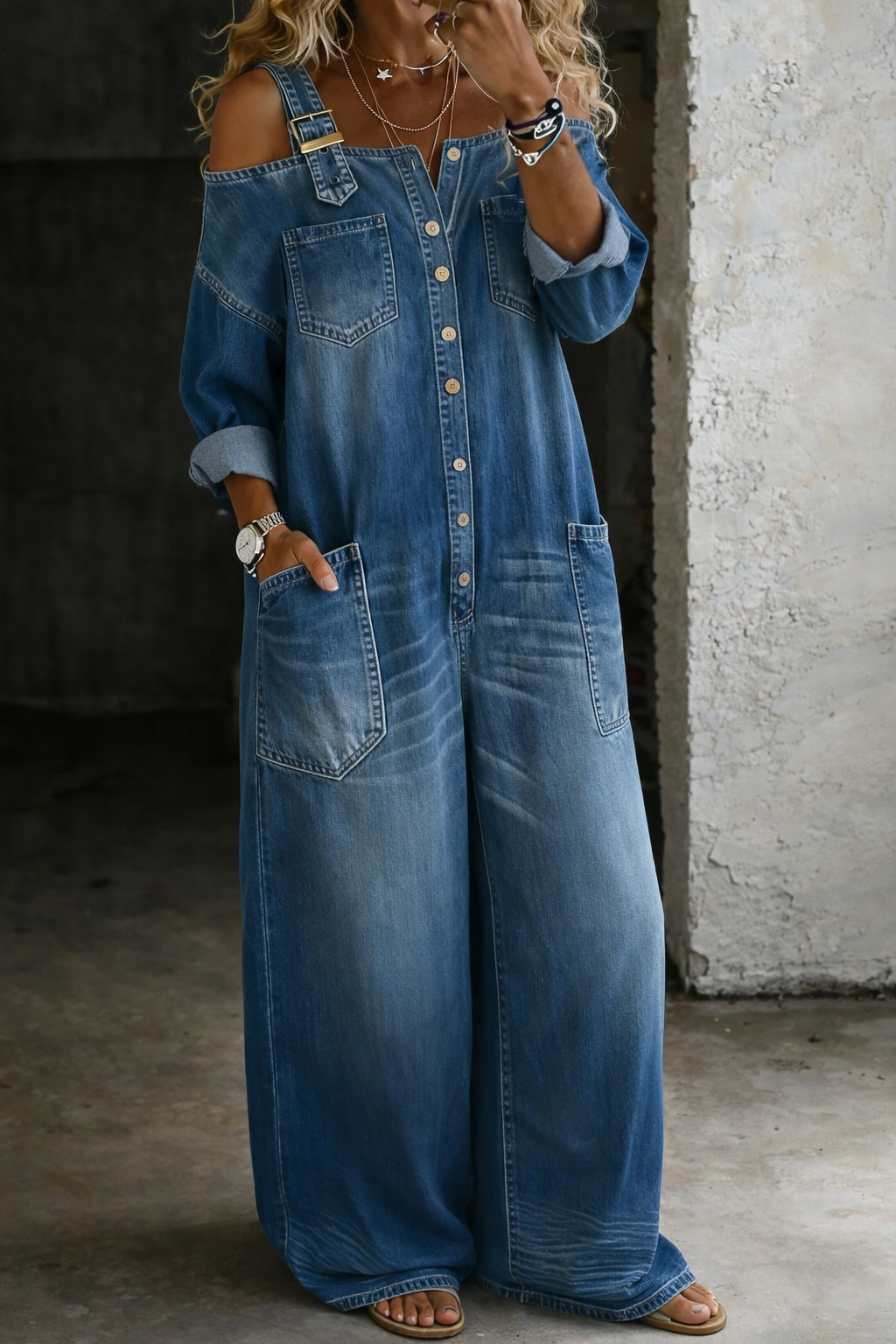 Stephanie | Printed Denim Jumpsuit with Off-Shoulder Design