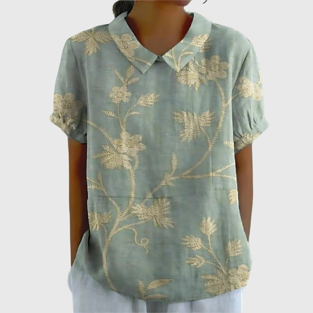 Thea | Women's Floral Print Short Sleeve Collared Blouse