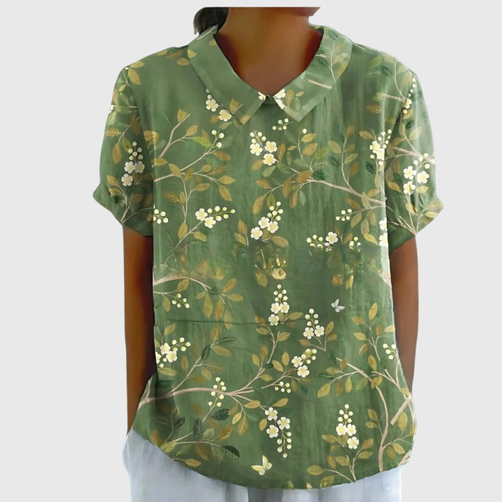 Thea | Women's Floral Print Short Sleeve Collared Blouse