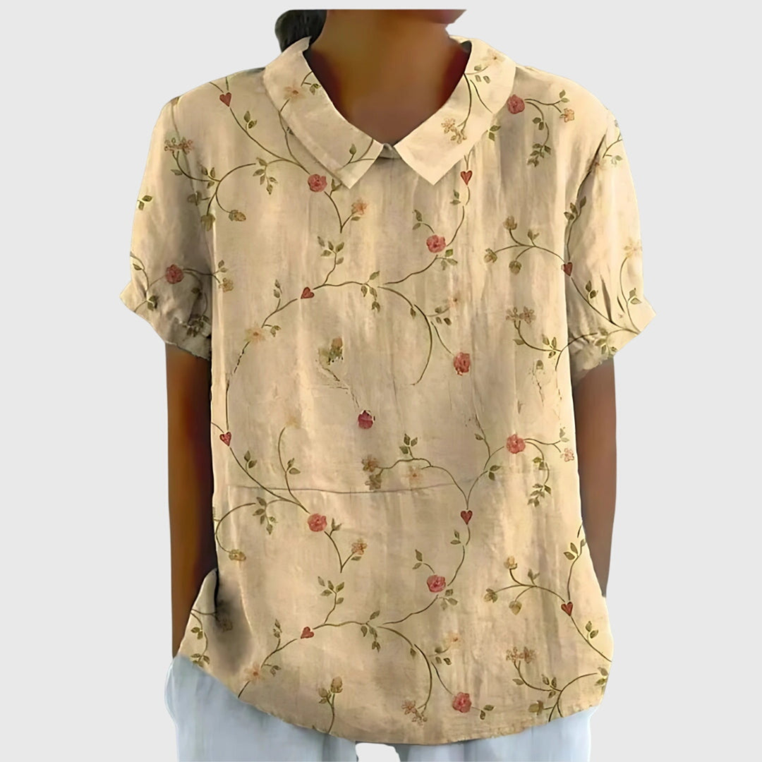 Thea | Women's Floral Print Short Sleeve Collared Blouse