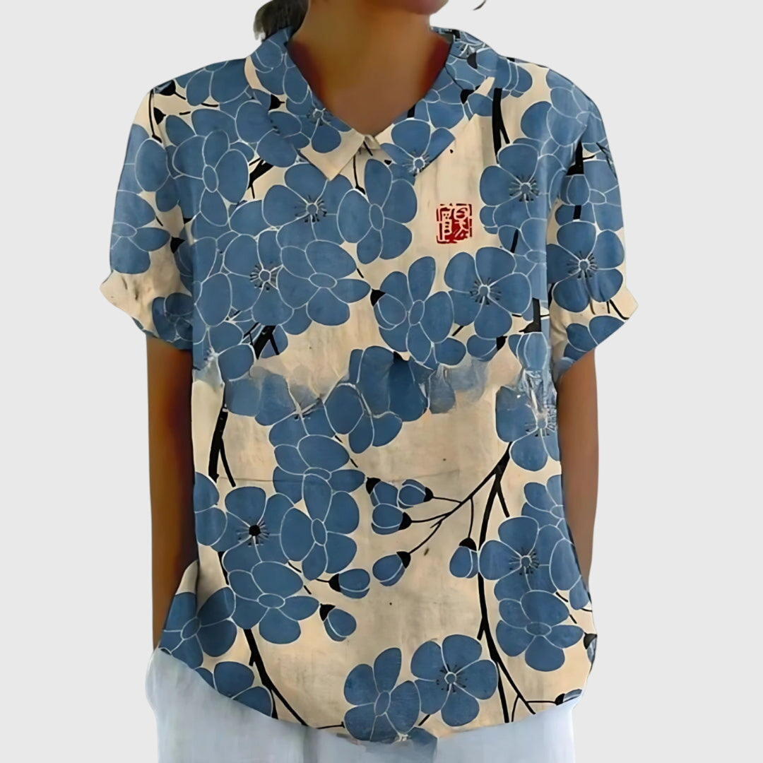 Thea | Women's Floral Print Short Sleeve Collared Blouse