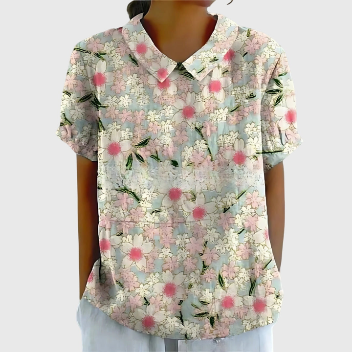 Thea | Women's Floral Print Short Sleeve Collared Blouse