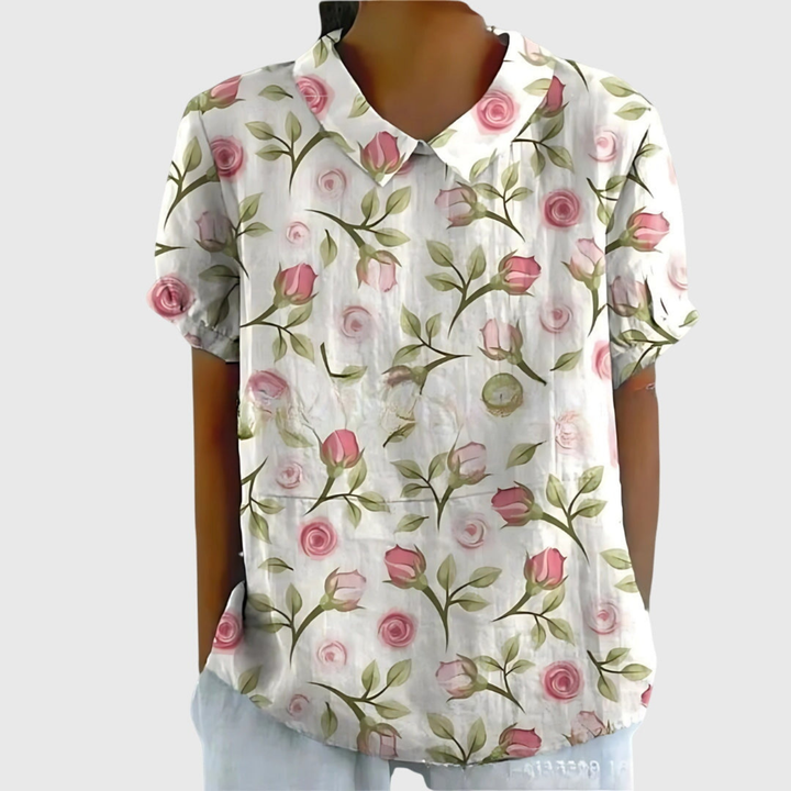 Thea | Women's Floral Print Short Sleeve Collared Blouse