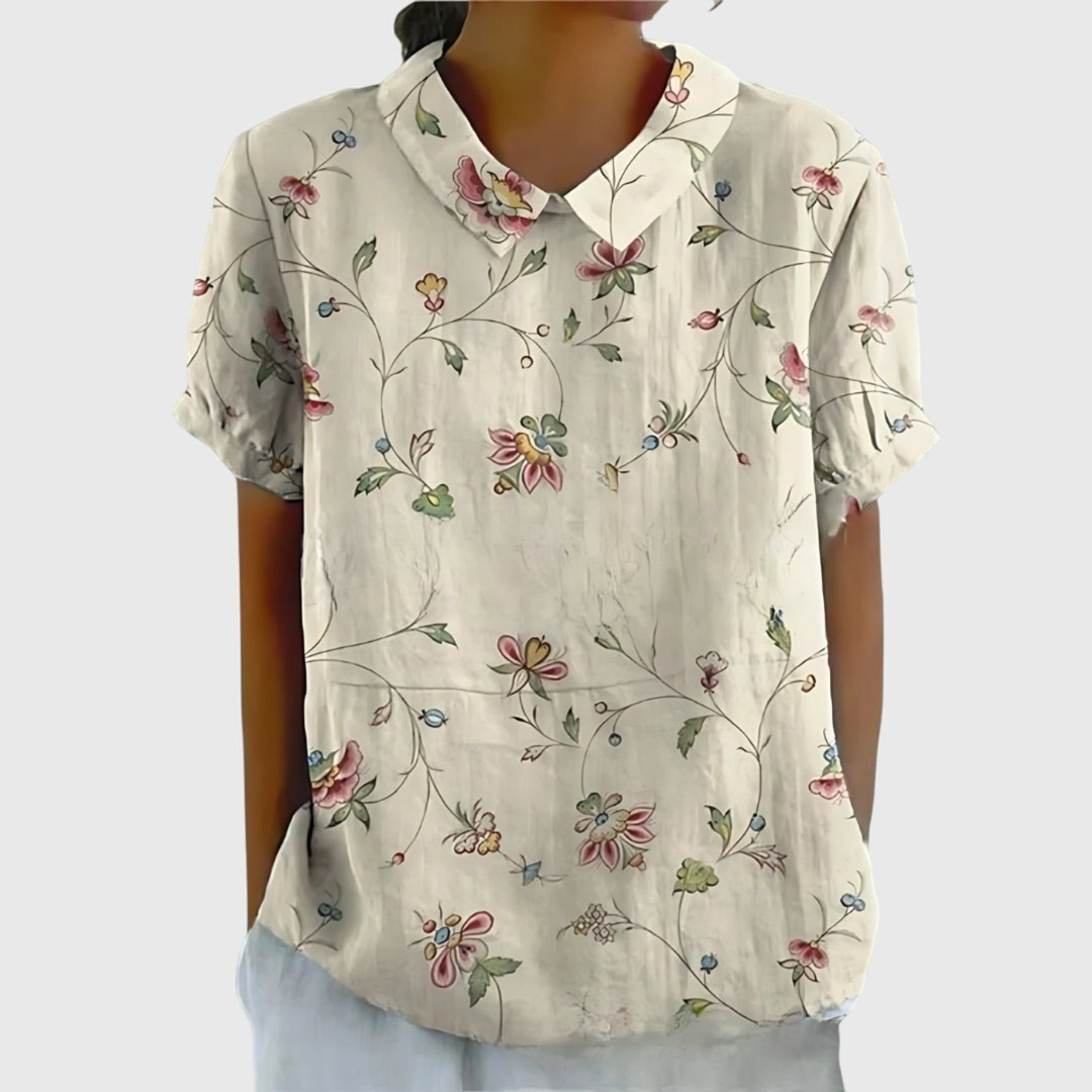 Thea | Women's Floral Print Short Sleeve Collared Blouse