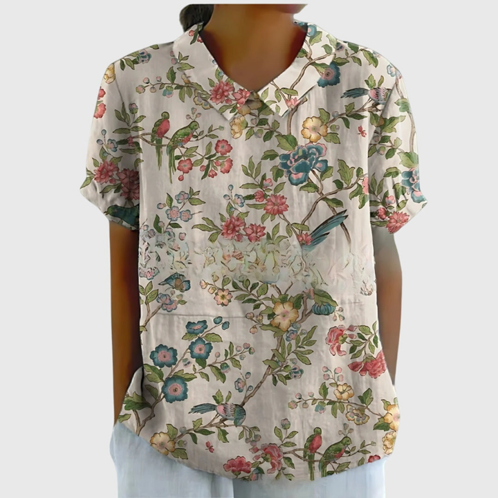 Thea | Women's Floral Print Short Sleeve Collared Blouse