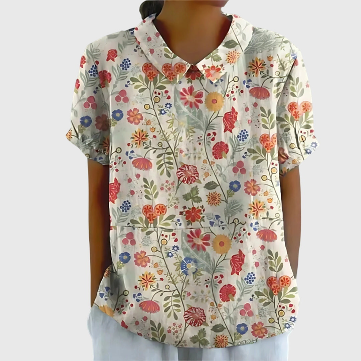 Thea | Women's Floral Print Short Sleeve Collared Blouse