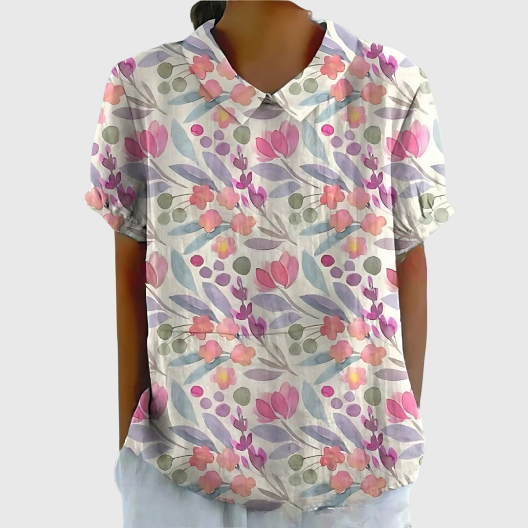 Thea | Women's Floral Print Short Sleeve Collared Blouse