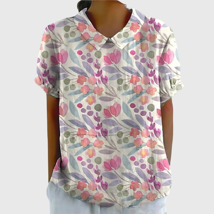 Thea | Women's Floral Print Short Sleeve Collared Blouse