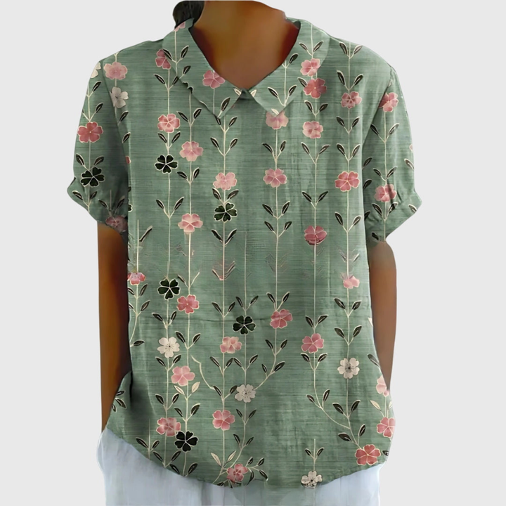 Thea | Women's Floral Print Short Sleeve Collared Blouse
