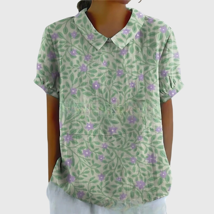 Thea | Women's Floral Print Short Sleeve Collared Blouse
