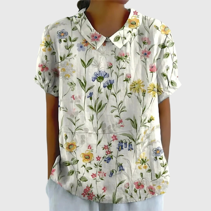 Thea | Women's Floral Print Short Sleeve Collared Blouse